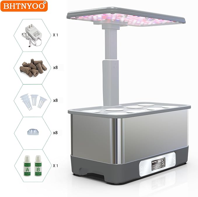 Indoor Herbs GardenWiFi&ampAPP-Hydroponics Growing System KitBHTNYOO/8 Pods Soilless Planting Gardening Boxs with LED Grow LightsWater Pump TimerTimerfor Home(Grey)
