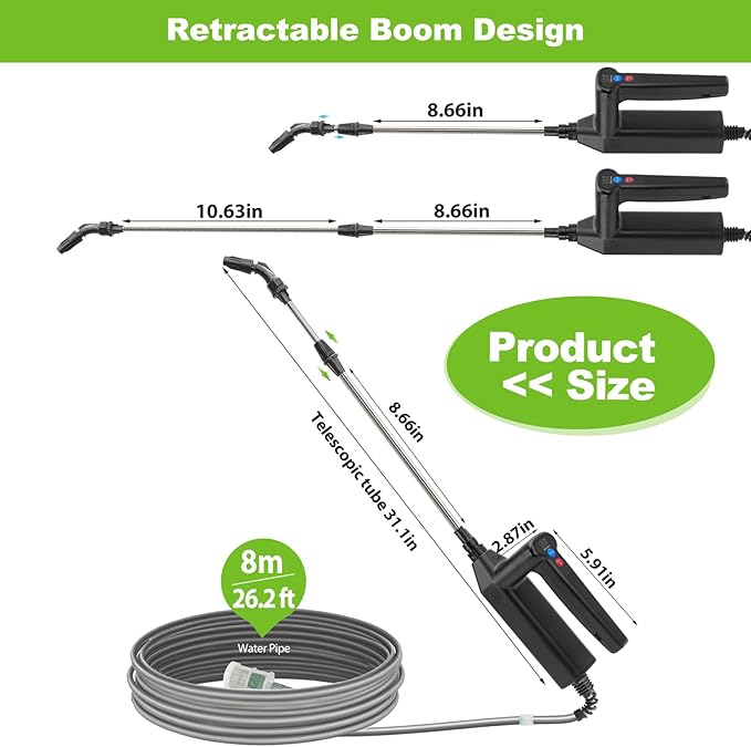 Battery Powered Sprayer Wand 32 Inch Garden Sprayer Telescopic Wand with 3 Adjustable Speeds Battery Indicator 26.2 FT Hose 7.4V Rechargeable Water Sprayer Wand with 4 Adjustable Nozzles &amp Fil
