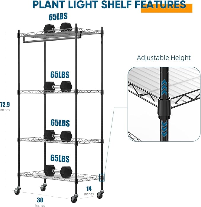 Plant Shelf with Grow Light 4-Tier Metal Grow Light Shelf with Hanging Rod and Adjustable Rack3-Pack 6000K T12 LED Full Spectrum Grow Lights for Seed Starting Succulents Built-in Timer
