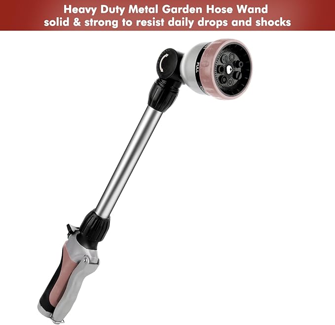 RESTMO Metal Watering Wand Heavy Duty Garden Hose Wand with 180° Swivel Head 16'' Hose Nozzle Sprayer with 7 Spray Patterns and Flow Control for Water Hanging Baskets and Shrubs Rose Gold