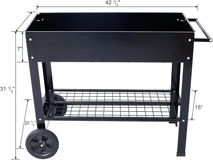 ZeHuoGe Products Elevated Mobile Raised Ergonomic Metal Planter Garden Bed for Backyard Patio w/Wheels Lower Shelf 42.5 L x20.8 W x31.5 H Black