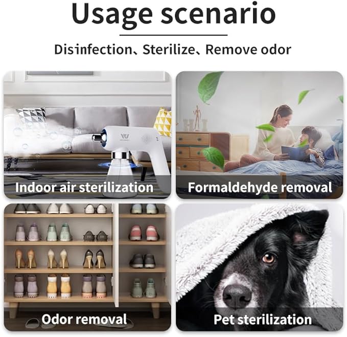 Ozone Disinfectant Fogger Machine O3 Generator Removable Nozzle Air/Odor Clean Handheld Cordless Electric Nano Sanitizer Spray Gun for Touchless Sanitization Deodorate (White)