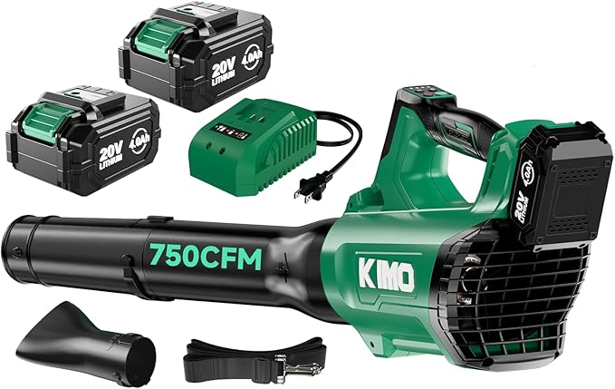 KIMO Cordless Leaf Blower with Battery and Charger 750CFM 220MPH 4 Speeds w/Turbo Mode Brushless Motor 3 Extended Tube 2x4.0Ah Battery Powered Leaf Blowers for Lawn Care Patio Cleaning Wet Leaves