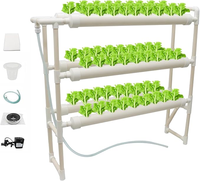 INTBUYING PVC Hydroponics Growing System 54 Sites 6 Pipes Grow Kit for Leafy Vegetables 3 Layers 2 Rows Vertical Hydroponic Kit with 110V Pump Hose Basket Planting Sponges