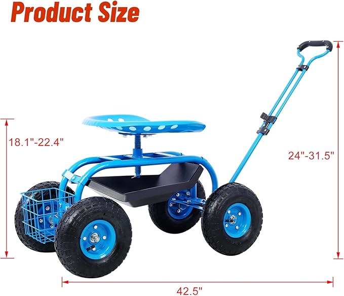 Anwick Rolling Garden Work Seat with Wheels Gardening Stool for Planting 360 Degree Swivel Seat Scooter with Steering Handle &amp Tool Tray/Basket Garden Chair for Outdoor Patio and Yard (Blue)