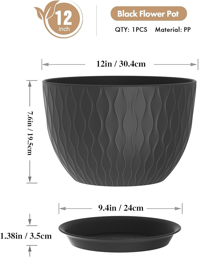 12 Inch Large Plant Pots for Indoor or Outdoor Plants Wide Water Ripples Flower Pots with Drainage Holes &amp Saucer Plastic Planters Set for Garden &amp Home Decor (Black)