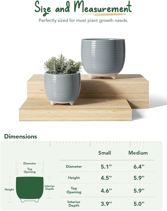 LE TAUCI Ceramic Plant Pots 5.1 + 6.4 Inch Footed Pots for Plants Modern Flower Pots for Home and Office Indoor Planters with Drainage Reactive Glaze Gray