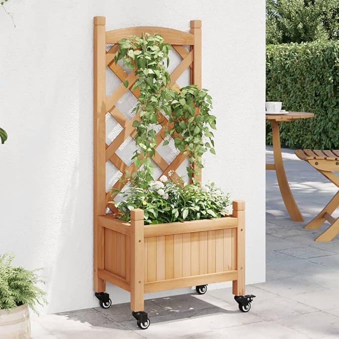 Wood Planter Box with Trellis and Wheel Outdoor Raised Garden Bed for Climbing Plants Free-Standing Trellis Planter Box 15.7x11.8x38.4 Brown Solid Wood Fir