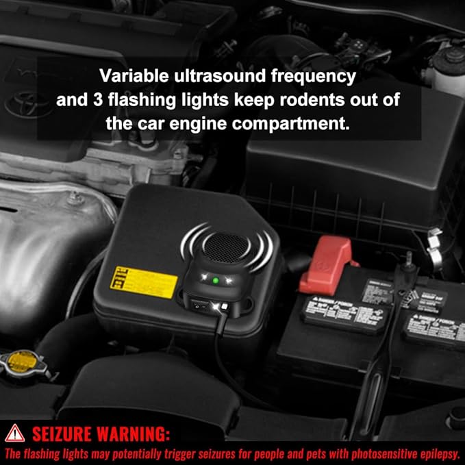 Loraffe Under Hood Rodent Repellent for Car Engines 12V 24V Ultrasonic Mouse Deterrent with LED Strobe Lights – Mice and Rat Repeller for Truck RV Vehicle Engine Protection Pack of 2