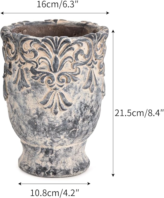 Sungmor 6.3 Inch Cement Plant Pot for Plants Succulent Planter with Embossed Design Vintage Concrete Flowerpots with Drainage Hole Decorative Orchid Houseplant Pot Indoor Outdoor Plant Container