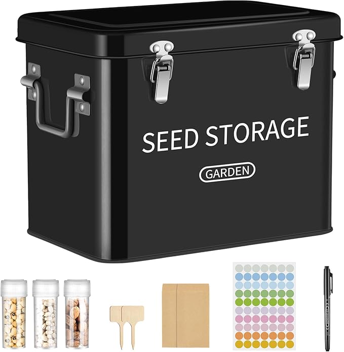 Blulu 85 Pcs Seed Storage Organizer 3 Compartment 30 Slot Metal Seed Saving Box with Lid and Lock with 1 Marker Pen 20 Plant Labels 30 Envelopes 30 Bottles Stickers for Garden Flower Plant(Black)