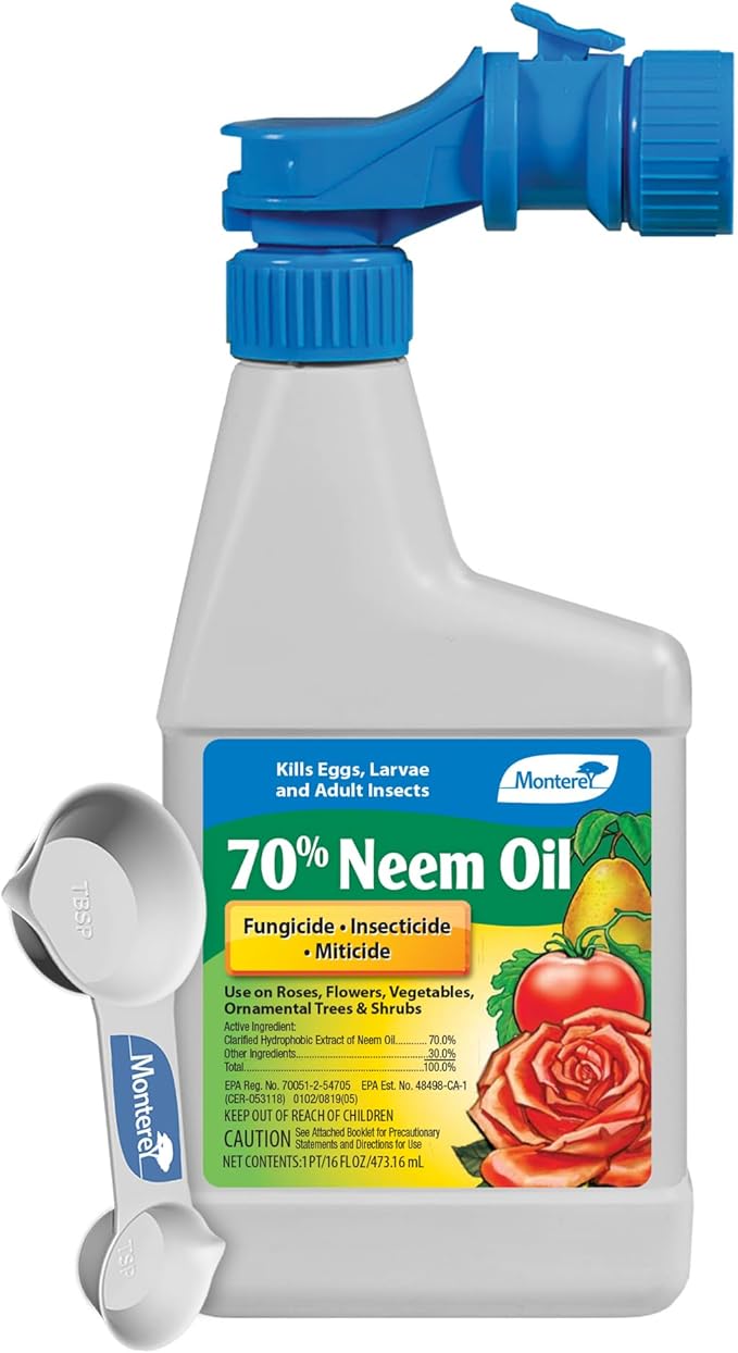 Monterey 70% Neem Oil Fungicide/Insecticide/Miticide Bundled with Measuring Spoon – Controls Powdery Mildew Black Spot Rust Spider Mites Aphids and More – 16oz RTS