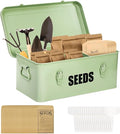 Seed Storage Organizer Box with 4 Compartments Large Metal Seed Packet Container with Lid &amp Safety Locks Garden Seed Bin for Saving Seeds with 50 Plant Labels 20 Envelopes