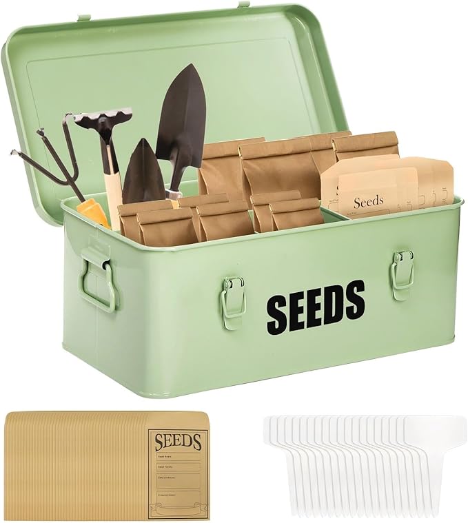 Seed Storage Organizer Box with 4 Compartments Large Metal Seed Packet Container with Lid &amp Safety Locks Garden Seed Bin for Saving Seeds with 50 Plant Labels 20 Envelopes