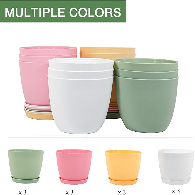6 Inch Plant Pots 12 Pack Plastic Planters Modern Flower Pot with Drainage Holes and Saucers for All House Plants Herbs Flowers and Seeding Nursery Colorful