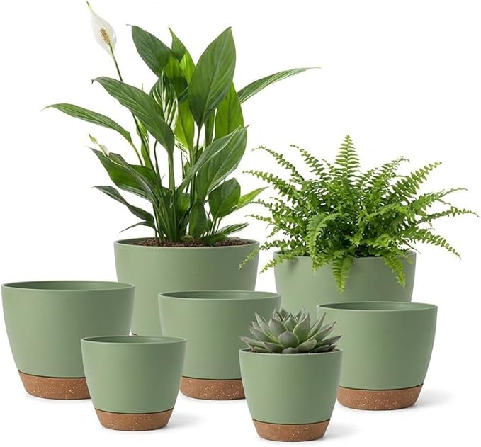 LIFFY Plant Pots 87.576.565.55 Inch Plastic Self Watering Planters with Drainage Holes &amp Saucers 7-Pack Green Nursery Planting Pot with Deep Reservoir for Indoor Outdoor Plants