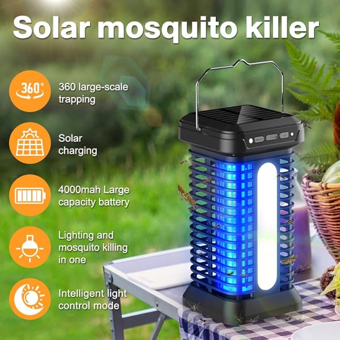 Bug Zapper Indoor Outdoor Solar Mosquito Zapper 2 in 1 Portable &amp Rechargeable with Solar Panel LED Night Light Waterproof Fly Zapper for Home Backyard Patio Backyard Garden
