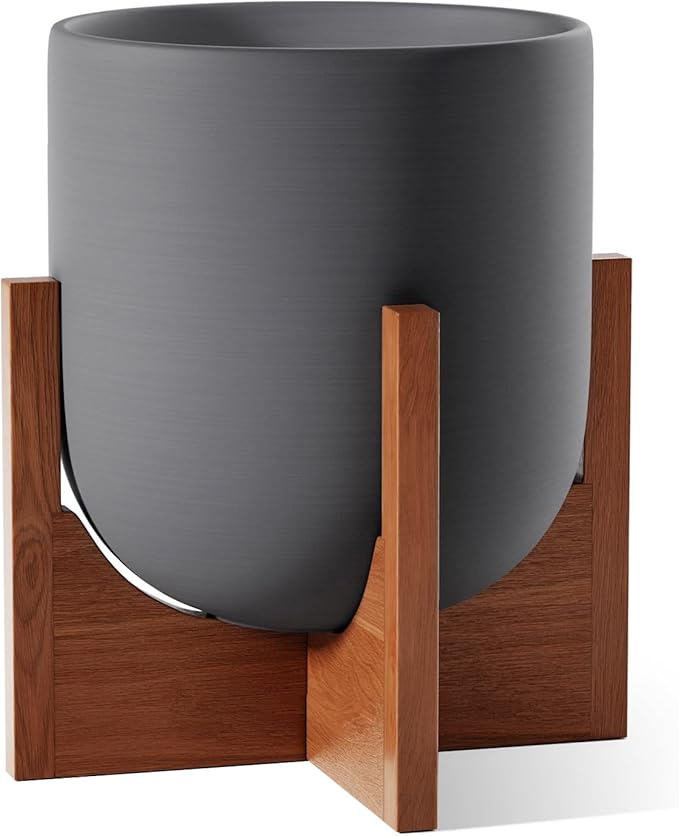 LE TAUCI 10 Inch Plant Pot with Acacia Wood Stand Ceramic Planters for Indoor Plants Plant Pots Indoor for Home Decor Mid-Century Modern Pots for Plants with Drainage Hole and Plug Charcoal Gray