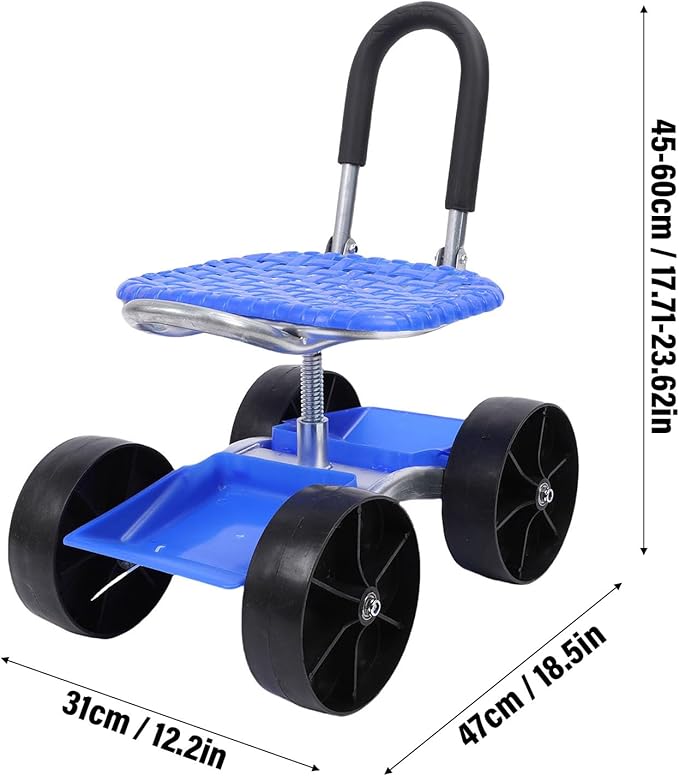 Garden Cart Rolling Work Seat with Wheels 360 Degree Rotatable Height Adjustable Ergonomic Backrest for Gardening Planting Digging Yard Lawn