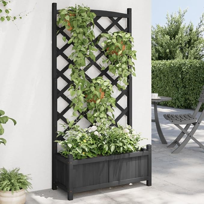 Solid Wood Garden Planter with Trellis Wood Raised Garden Bed Planter with Trellis Outdoor Garden Box for Climbing Plants Black Solid Wood Fir-770