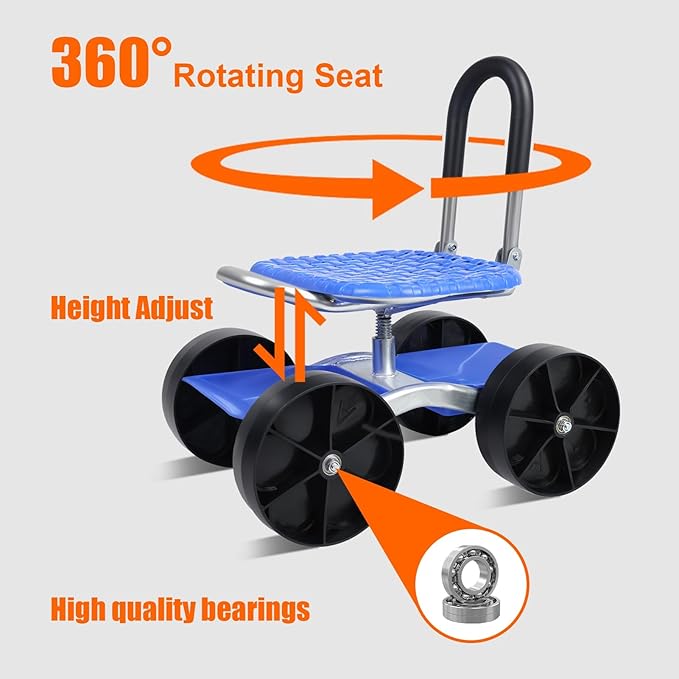 Rolling Garden Seat Utility Garden Stool with Flat Wheels Foldable Lazy Garden Seat Stool Picking Rotary Tool Cart with Storage Shelf Adjustable Height Blue