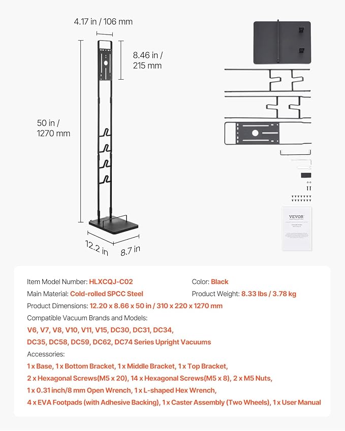 VEVOR Vacuum Stand Compatible with V6 V7 V8 V10 V11 V15 Stable Vacuum Stand Holder with Wheels for DC30 DC31 DC34 DC35 DC58 DC59 DC62 D74 Cordless Upright Vacuum Cleaners &amp Accessories