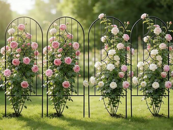 4 Pack Arched Metal Garden Trellis for Climbing Plants 45 H x 15.9 W Rustproof Iron Trellis with Decorative Scrollwork Perfect for Roses Vines and Flower Beds