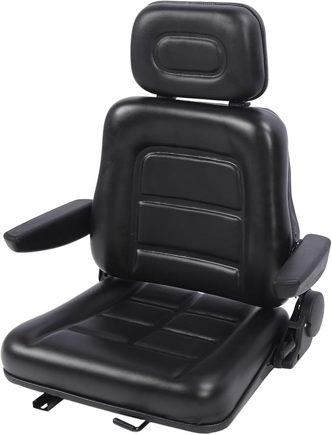 Generic Lawn Mower Fit for Seat Comfortable PVC Leather Universal Forklift Fit for Seat with Multi Angle Adjustment for Tractors Telehandler Backhoe Black (With armrest)