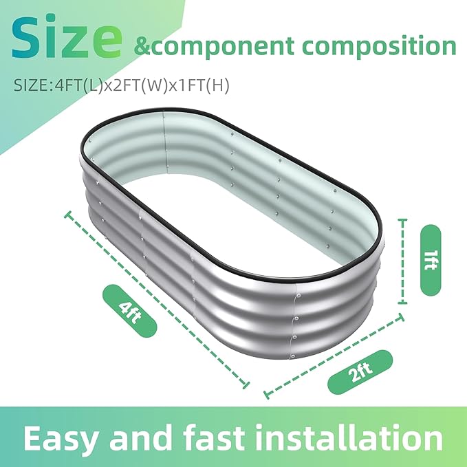 4x2x1 ft Oval Galvanized Metal Raised Garden Beds Thickened Rust-Proof Flower Beds Outdoor Plant Planter Boxes(Silver 1PC)