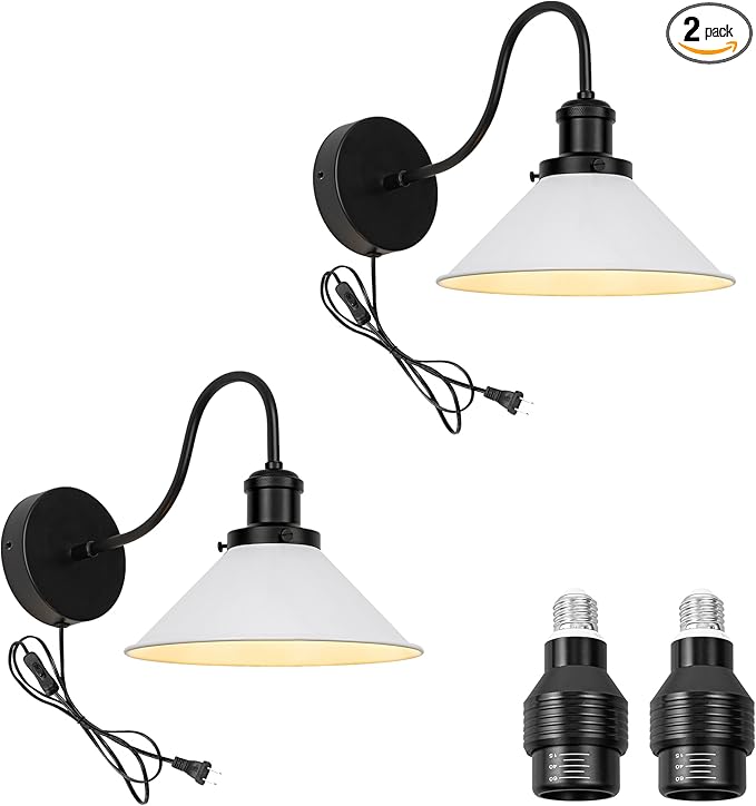 2-Pack Hook Mounted Plant Light Full Spectrum 4500K 10W Adjusted Light Beam Range 15°-60° Vintage White Cone Shade Goose Neck Wall Lamp for Indoor Plants Flowers Growing