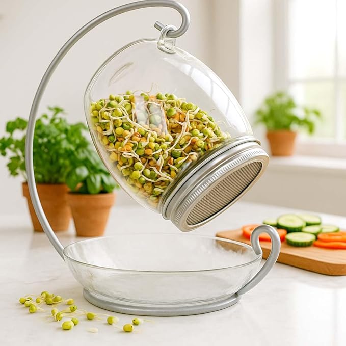 Premium Sprouting Jar Kit - Unique 30 oz Wide Mouth Sprouting Jar Stand Tray and 316 Stainless Screen Lid | Decorative Indoor Seed Sprouter and Germinator (1 Kit)