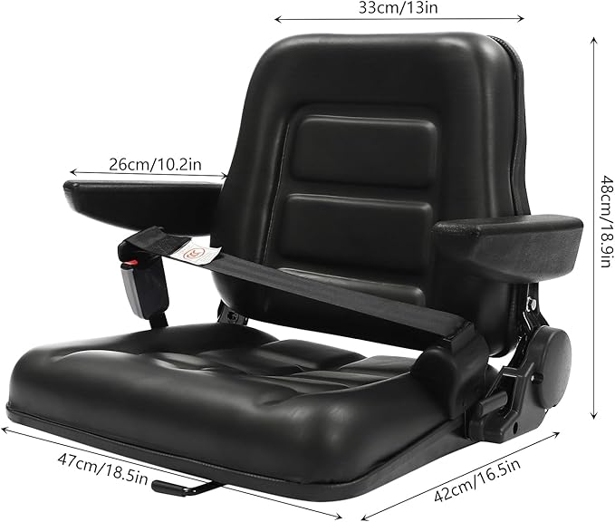 Universal Forklift Seat Forklift Seat with Automatic Safety Belt &amp Armrests Foldable Lawn Mower Seat with Pre-Drilled Holes for Garden Excavator Bulldozer Trencher (D)