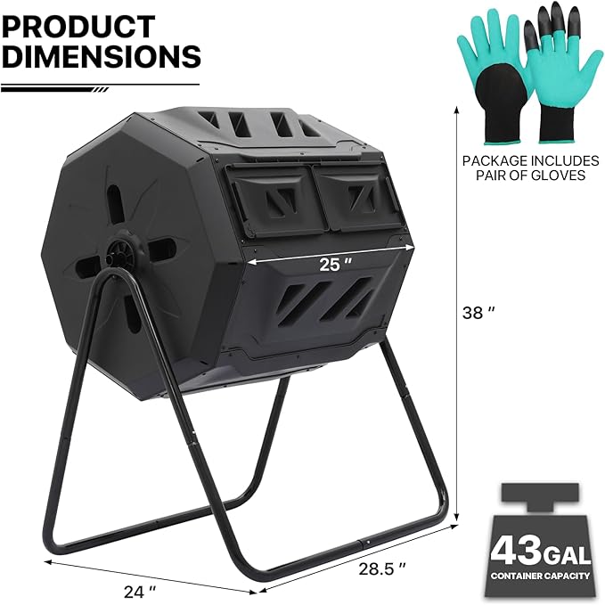 MoNiBloom 43 Gallon Compost Tumbler Outdoor BPA Free Large Dual Chamber Tumbling Compost Bin All-Season Fast Working Tumbling Composter High Volume Composter with 2 Sliding Doors