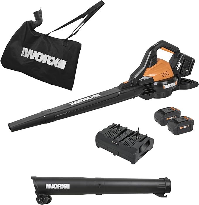 WORX Cordless Leaf Blower 3 in 1 Blowers for Lawn Care with Leaf Vacuum &amp Leaf Mulcher Electric Blower with Brushless Motor &amp 2 Speed Control 2 × 4.0 Ah Batteries &amp Charger Included WG