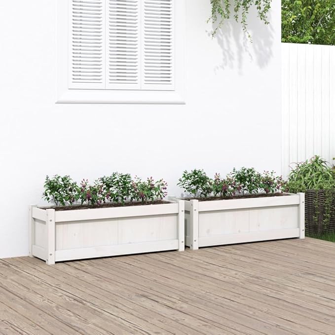 Garden Planter Box - White Solid Pine Wood Flower Plant Bed Ideal Outdoor Gardening for Vegetables Set of 2 Large Trough