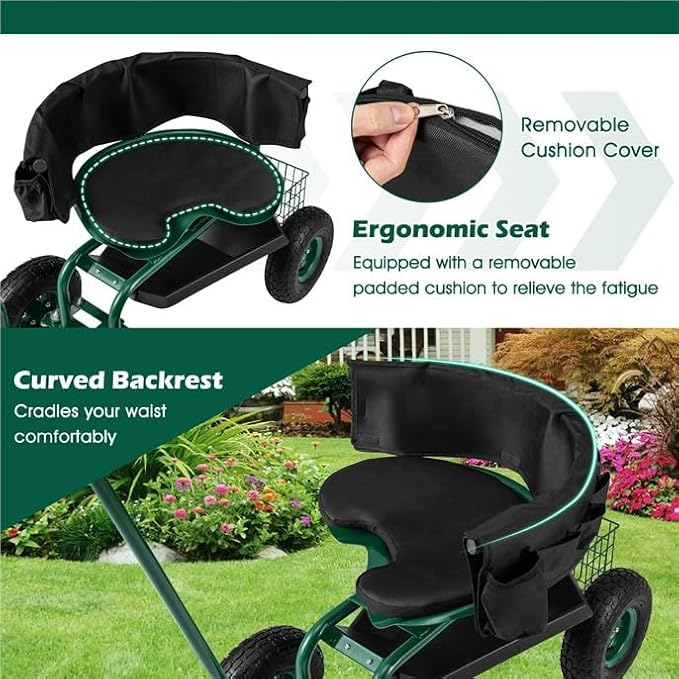 ERGOMASTER Garden Cart Rolling Workseat with Wheels2 Steering Handles360 Degree Swivel Seat &amp Tool Storage Use for Patio Yard and Outdoors Workseat Green