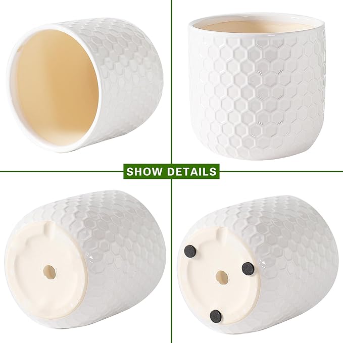 Docrin Ceramic Planters Indoor 8 Inch Plant Pot with Drainage Holes for Home/Office - White Honeycomb