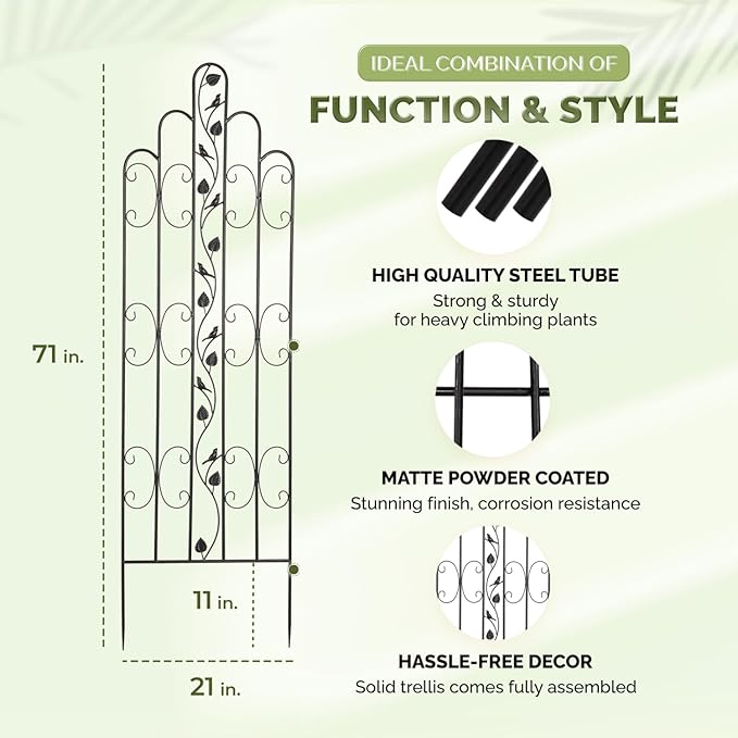 Idzo Decorative Metal Trellis for Climbing Plants Outdoor Anti-Corrosion Powder Coated Garden Trellis Sturdy Long Spikes 71 Inch Black Bird Pattern
