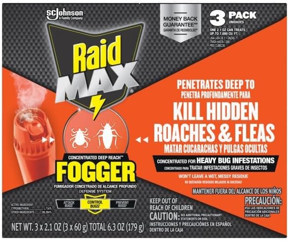 Raid Max Fogger Insect Killer for Mosquito Ant Roach Spider Flea for Indoor Use 2.1 oz 3 Count (Pack of 1)