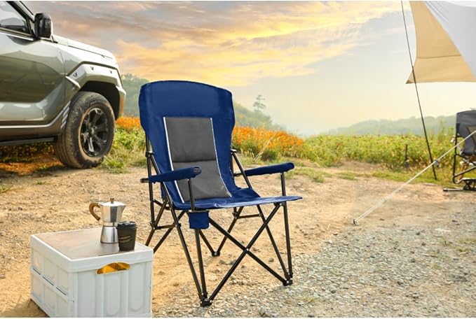 High Back Heavy Duty Lawn Chair Support 250LBS Portable Collapsible Chair with Cup Holder (Navy Blue + Steel)