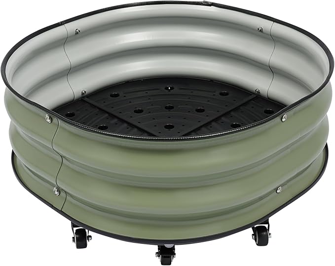 DYNAMI Self-Watering Raised Garden Bed with Wheels23.6in Round Rolling Planter Box Metal Elevated Raised Bed with Drainage Plug for Indoor Outdoor Gardening