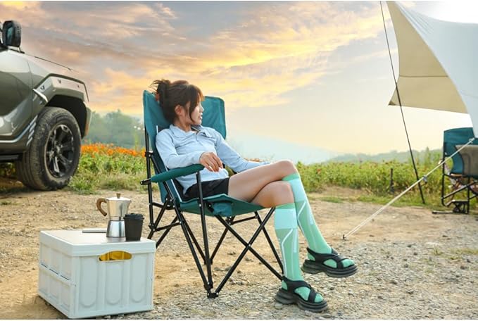 High Back Heavy Duty Lawn Chair Support 250LBS Portable Collapsible Chair with Cup Holder (Blue + Steel)