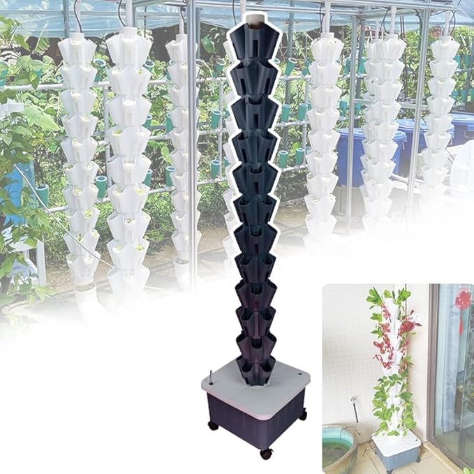 Hydroponics Tower Garden Vertical Growing System KitAquaponics Growing SystemNursery Germination Kitwith Hydrating Pump Adapter.for Herbs Fruits and Vegetables(Black12layers)