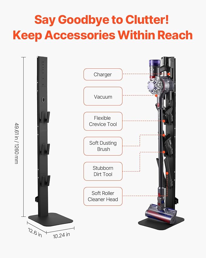 VEVOR Vacuum Stand Compatible with Dyson G5 V15 V12 V11 V10 V8 V7 V6 Series Upright Vacuums Cleaners &amp Accessary Stable Storage Stand Holder with 6 Hooks and Non-Slip Footpads Black