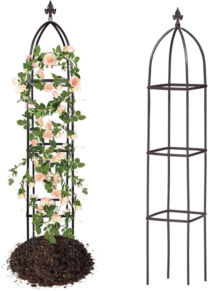 100% Metal Obelisk Trellis for Climbing Plants Outdoor &amp Indoor - Powder-Coated Steel Tower Obelisk Plant Support - Heavy Duty Rust-Proof Garden Trellis for Climbing Vine Vegetables Flowers Black