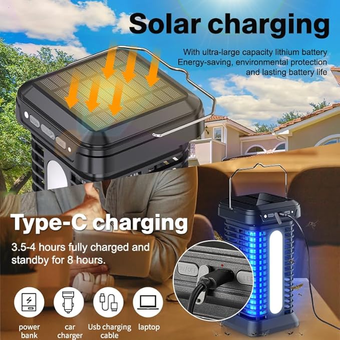 Bug Zapper Indoor Outdoor Solar Mosquito Zapper 2 in 1 Portable &amp Rechargeable with Solar Panel LED Night Light Waterproof Fly Zapper for Home Backyard Patio Backyard Garden
