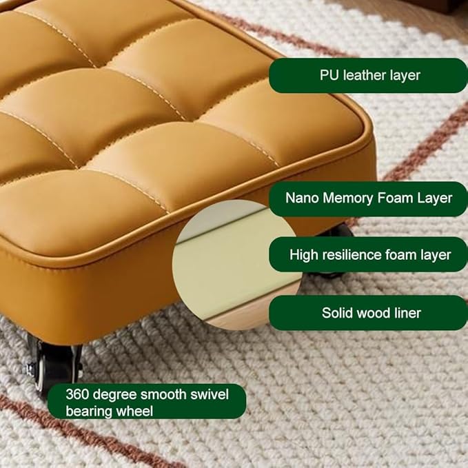 Low Rolling Stool Upgrade Widen Roller Seat 360 Bearing Wheels Soft PU Leather Short Rooling Stools for Home Garden Office (Gray1 One Size) (Khaki One Size)