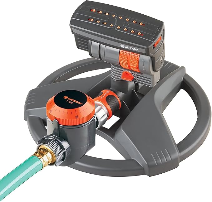 Gardena (69-84BZMX) ZoomMaxx Adjustable Sprinkler with Built in Timer Weighted Base for Precise Watering up to 2300 Sq Ft Compatible with Any Hose Brand Made in Germany 5 Year Warranty