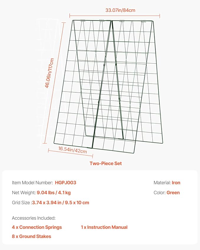 VEVOR Cucumber Trellis for Climbing Plants46 H x 32 W Foldable Cucumber Trellis Set with Plant Clips Metal Garden Trellis for Raised Bed Outdoor Plant Grow Support for Tomato Vegetable(2 Pack)