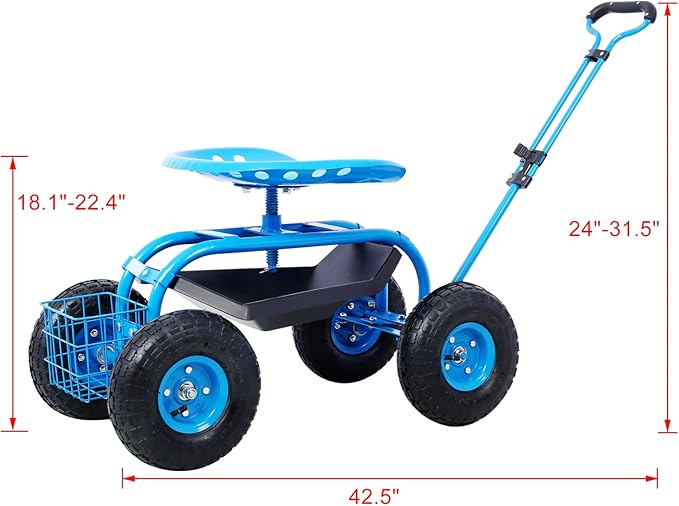 Rolling Garden Cart Wagon Scooter Lawn Yard Patio Work Seat Gardening Stool Cart with Extendable Steer Handle and Storage Basket Adjustable 360° Swivel Seat (Blue)